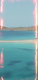 Tropical beach with neon glow overlay and serene ocean view.