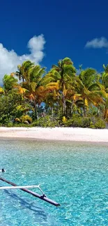 Tropical beach with palm trees and azure blue water under a clear sky.