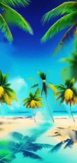 Tropical beach with palm trees and vibrant blue skies wallpaper.