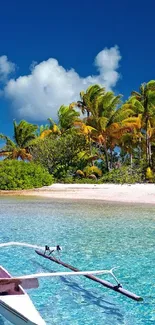 Tropical beach with boat, palm trees, and clear waters under a blue sky.