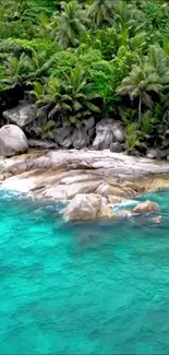 Tropical beach with turquoise water and lush greenery.