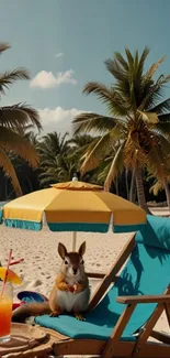 Tropical beach scene with squirrel and umbrella.