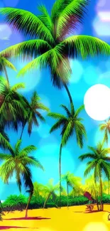 Tropical beach with palm trees under a bright blue sky and sunny backdrop.