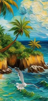Tropical beach oil painting with seagull and palm trees.