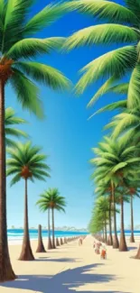 Tropical beach with palm trees under a blue sky.