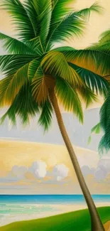 A tropical beach with a palm tree under a sunny sky, perfect for mobile wallpaper.