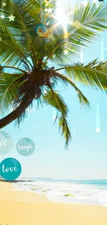 Tropical beach scene with palm and 'live laugh love' text.