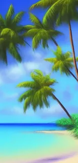 Tropical beach wallpaper with palm trees and ocean.