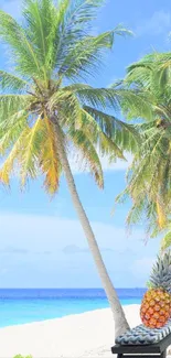 Tropical beach wallpaper with palm trees and a pineapple under blue sky.