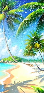 Tropical beach with palm trees and clear blue sky wallpaper.