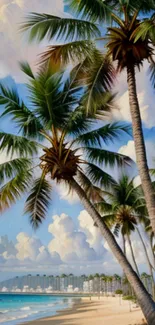 Wallpaper of tropical beach with palm trees under blue sky.