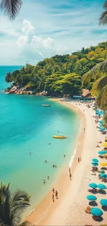 Scenic tropical beach with palm trees and turquoise waters, perfect for mobile wallpaper.