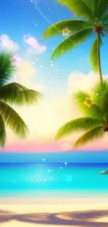 Tropical paradise beach wallpaper with palm trees and blue ocean.