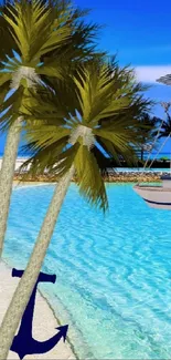 Tropical beach with palms and blue ocean under a bright sky.