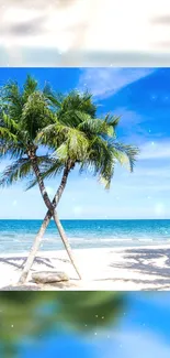 Tropical beach with palm trees and blue sky wallpaper.