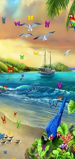 Tropical beach scene with colorful parrots and a calm ocean.