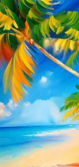 Colorful tropical beach with palm trees.