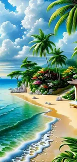 Tropical beach with palm trees and ocean view in vibrant colors.