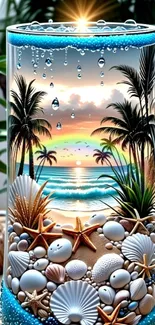 Artistic beach scene with palm trees and seashells against a sunset backdrop.