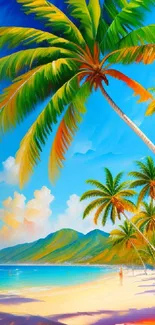 Vibrant tropical beach with palm trees and clear blue skies.