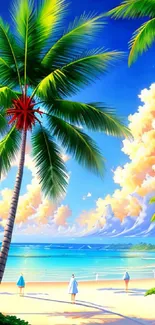 Tropical beach wallpaper with palm trees and a bright blue sky.