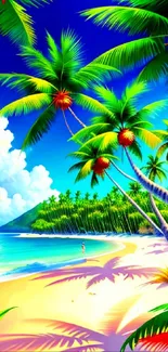 Vibrant tropical beach wallpaper with palms and a sunny sky.