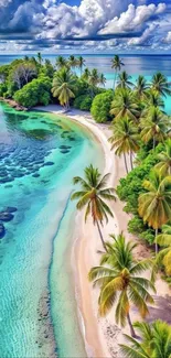 Tropical beach with turquoise waters and palm trees.