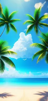 Tropical beach with palm trees, ocean, and blue sky wallpaper.