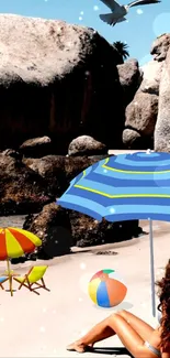 Beach scene with umbrellas and rocks.