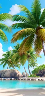 Tropical beach wallpaper with palm trees and clear blue waters on a sunny day.