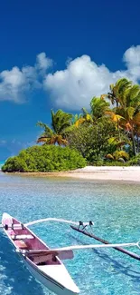 A tropical beach scene with a canoe, azure waters, and lush palm trees under a blue sky.