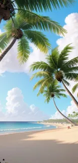 Tropical beach with palm trees and ocean view under a clear blue sky.