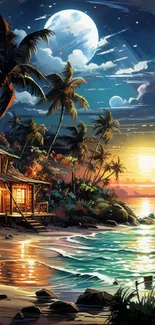 Tropical beach sunset wallpaper with palm trees and ocean view.