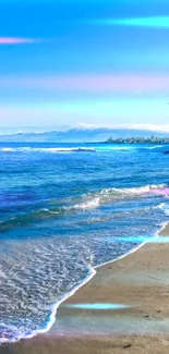 Tropical beach with palm trees under blue sky and gentle waves.