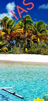 Tropical beach with palm trees and turquoise water.