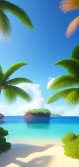 Vibrant tropical beach scene with palm trees under a clear blue sky.