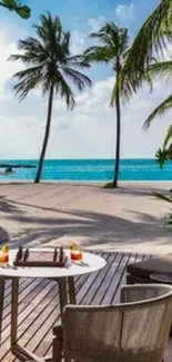 Tropical beach view with palm trees and ocean.