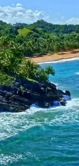 Tropical paradise beach with ocean waves and lush greenery.