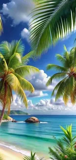 Tropical beach with palm trees and azure waters under a serene sky.