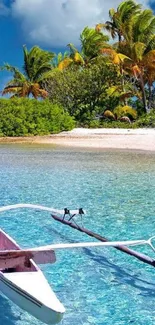 Tropical beach with clear water, palm trees, and a boat in the foreground.