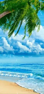 Tropical beach wallpaper with palm trees, ocean waves, and a clear blue sky.