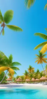 Tropical beach with palm trees and clear blue sky, ideal for relaxation.