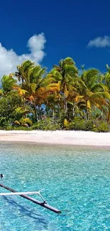 Tropical beach with palm trees by crystal blue waters under a clear sky.
