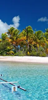 Tropical beach with palm trees and azure ocean under blue skies.