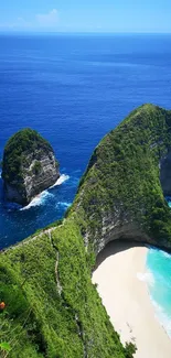 Tropical beach with azure ocean and lush cliffs.