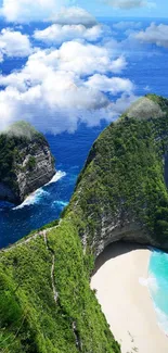 Stunning tropical beach with cliffs, lush greenery, and crystal blue waters.