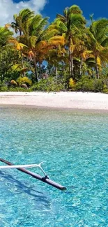 Tropical beach scene with palms and turquoise water.