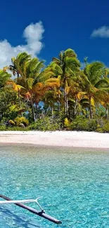 Tropical beach with clear water and palm trees under a bright blue sky.