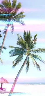 Tropical beach with palm trees under a clear sky, perfect for a serene wallpaper.