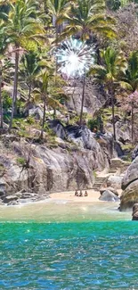 Tropical beach wallpaper with palm trees and emerald green waters.